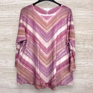 LA THREADS Pink Tan Chevron Stripe Dolman Sleeve Knit Lightweight Tunic Top 1X